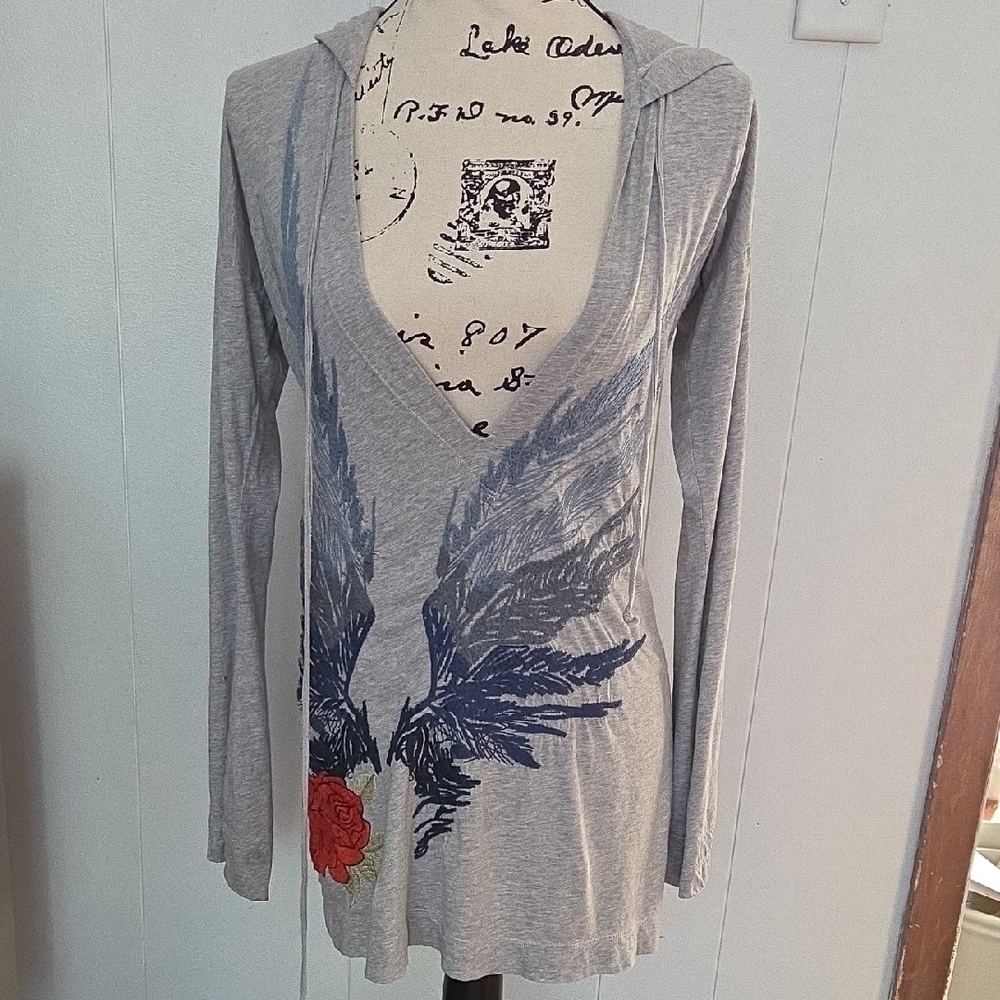 Johnny Was JWLA Gray Embroidered Hoodie Tunic Angel Wings Rose V-Necksmall